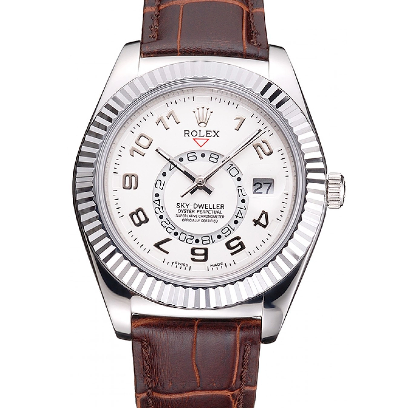 Stainless Case Dweller Sky Rolex White Steel Dial Strap Brown Leather 0715